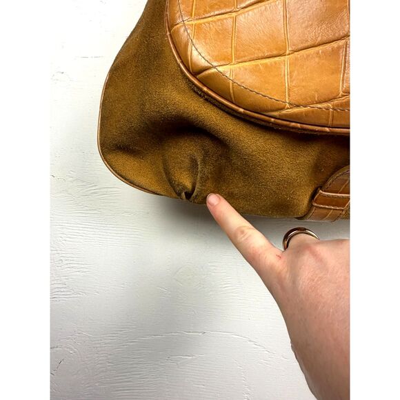 Y2K Vintage Furla Italian Leather Croc Embossed Shoulder Bag Camel Hobo Purse - Picture 13 of 15